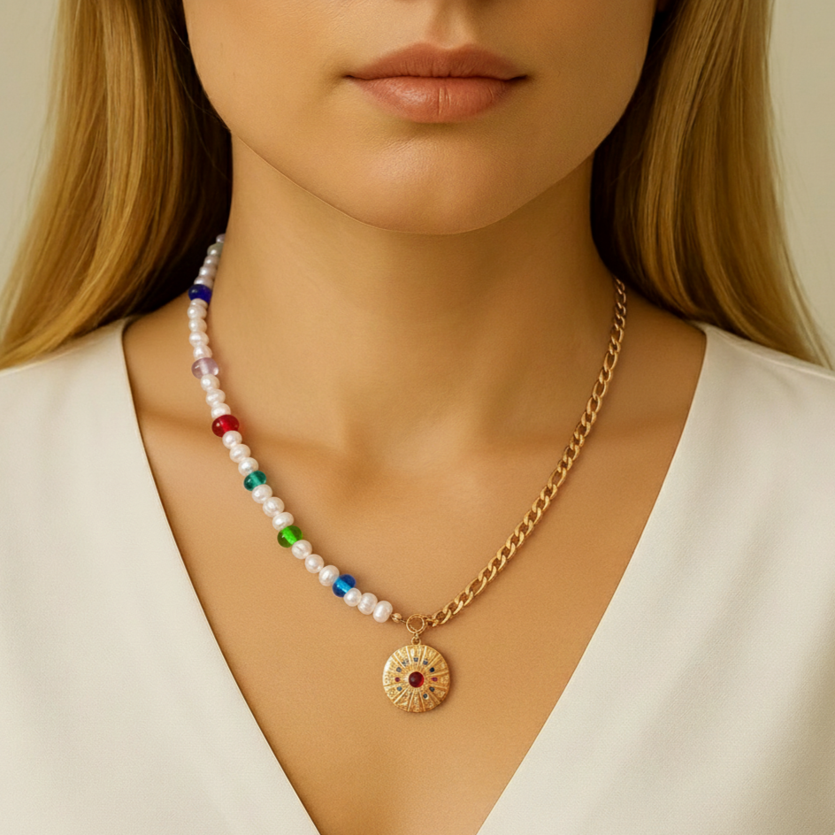 Mix Burç Paslanmaz Çelik İnci Cam Boncuklu Kolye