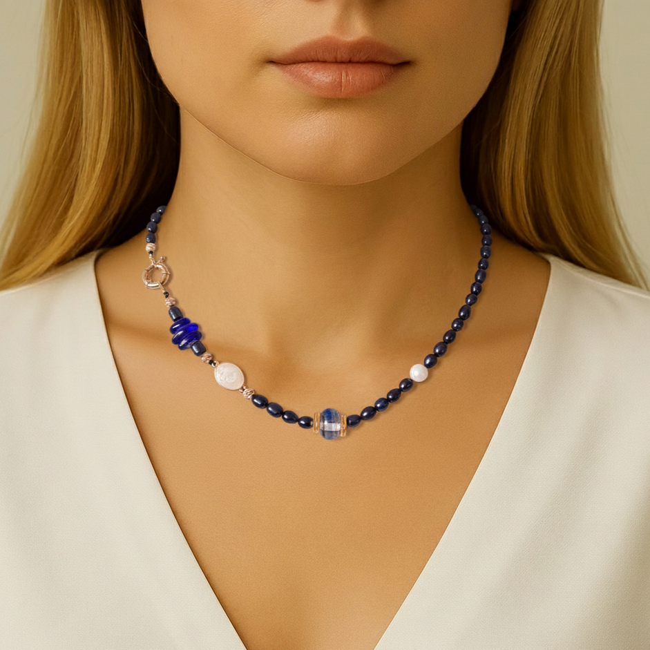 Siyah İnci Murano Cam Özel Tasarım Kolye