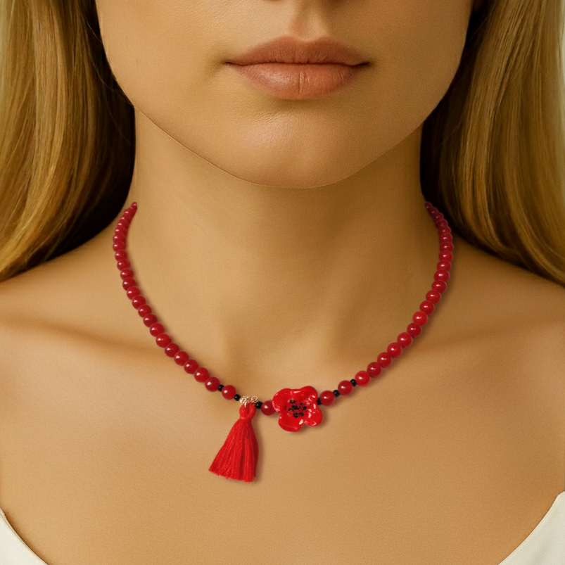 Kırmızı Murano Gelincik Kuvars Doğal Taş Kolye