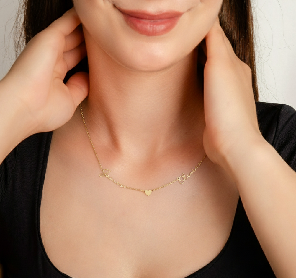 925 Ayar İki İsim Kalpli Gümüş Kolye (Altın veya Gümüş Renkte, Farklı Zincir Seçenekli)