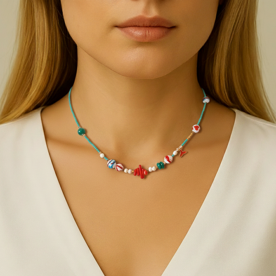 9 El Yapımı Boncuk Mercan İnci Murano Cam Sanatı Kolye