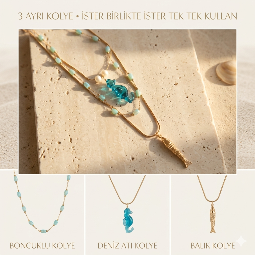 Deniz Atı Balık Üçlü Paslanmaz Çelik Kolye Seti