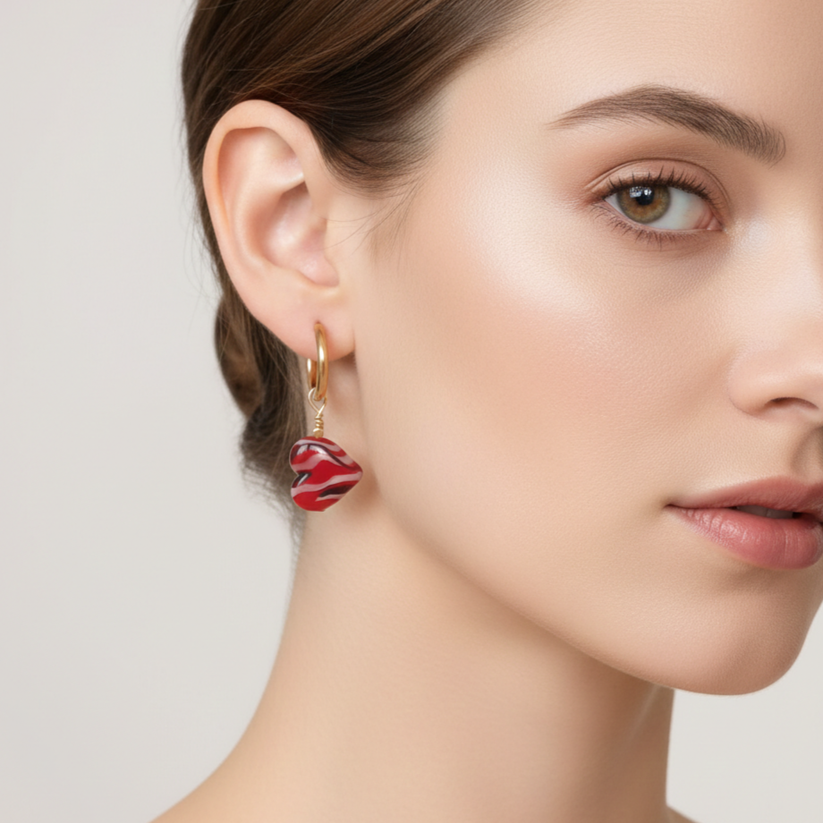 Murano Cam Desenli Kalp Paslanmaz Çelik Küpe