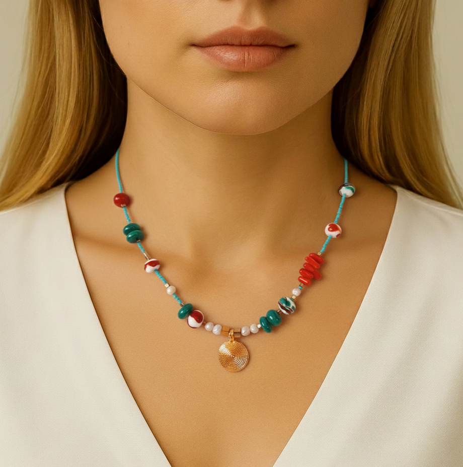 Turkuaz Özel Tasarım Madalyonlu İncili Murano Boncuklu Kolye