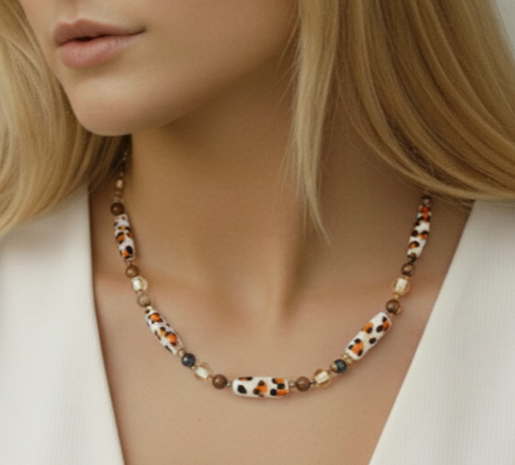 Murano Leopar Kaplan Gözü Doğal Taş Kolye Bileklik Seti