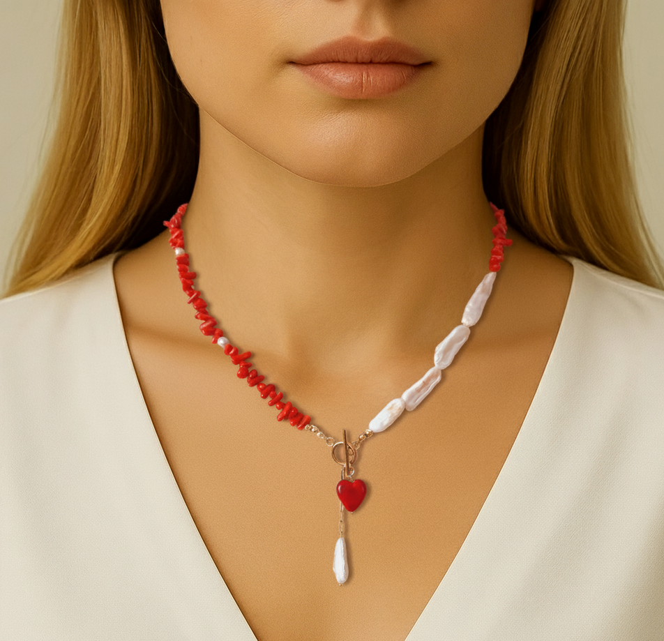 Mercan Barok İnci Özel Tasarım Kolye Küpe Seti