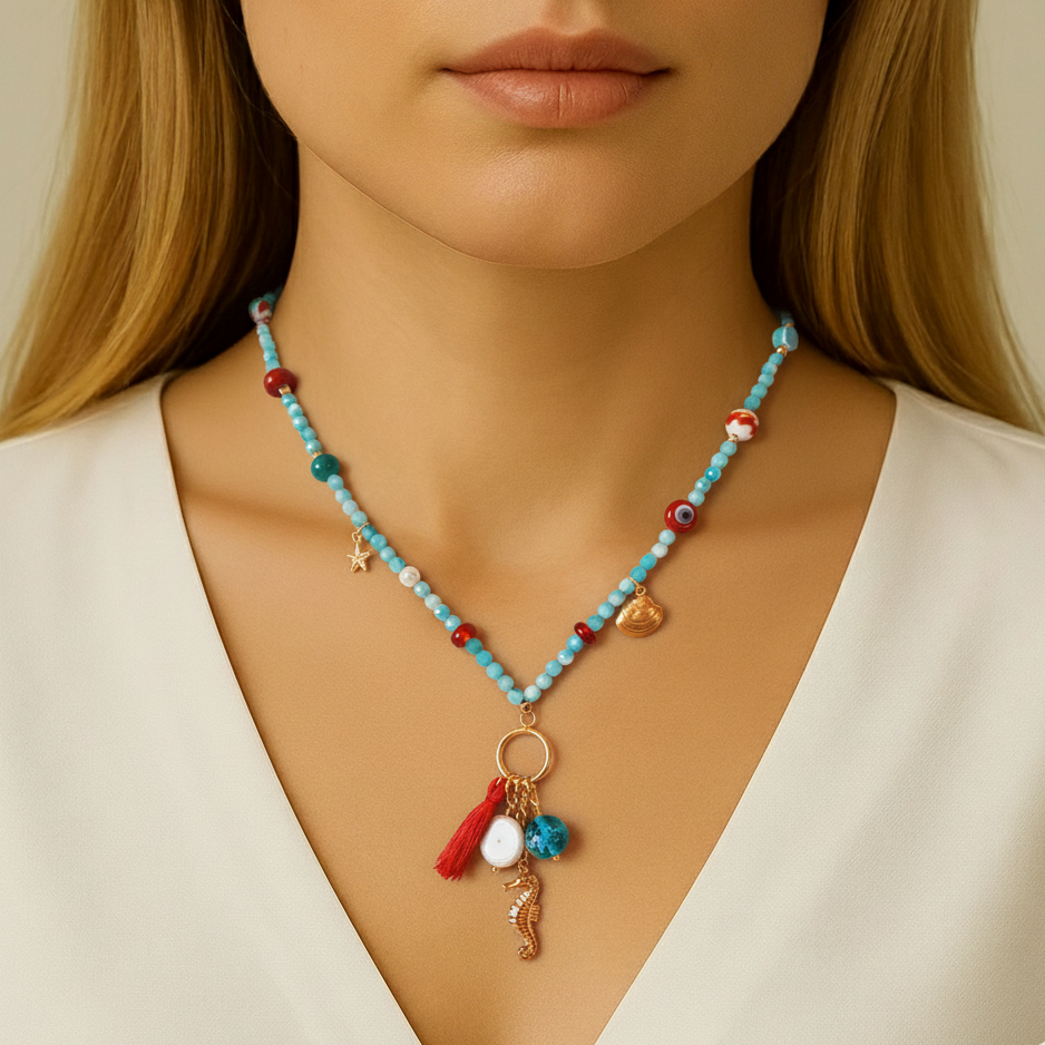 Mayorka İnci Deniz Atı Midye Amazonit Kolye