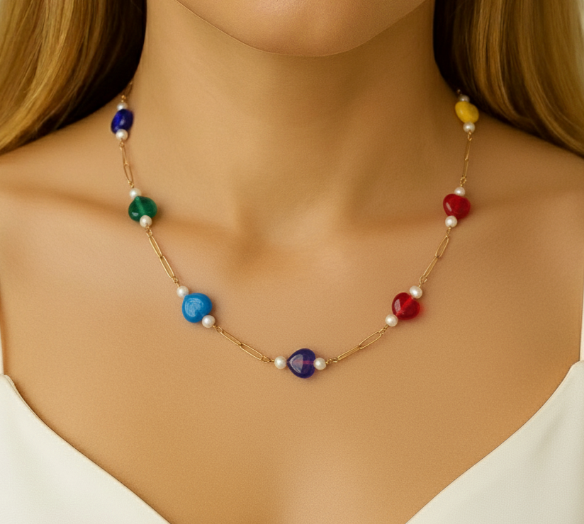 Çakra Kalp Çelik Cam Sanatı İnci Paslanmaz Çelik Kolye