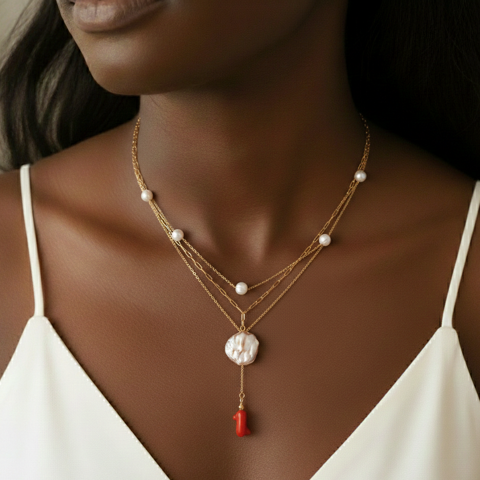 Üçlü İncili Madalyon ve Mercan Kolye Seti