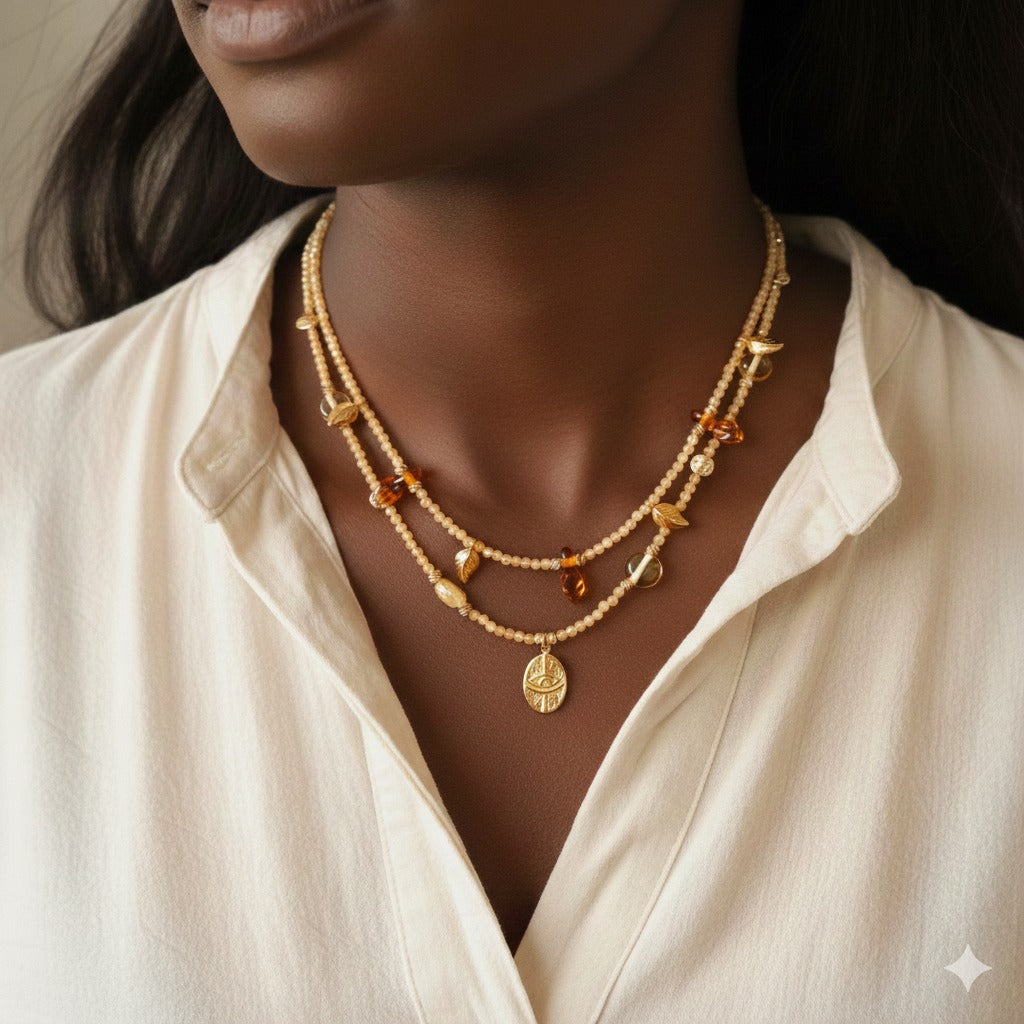 Sitrin Doğal Taş Murano Boncuklu İkili Kombin Kolye