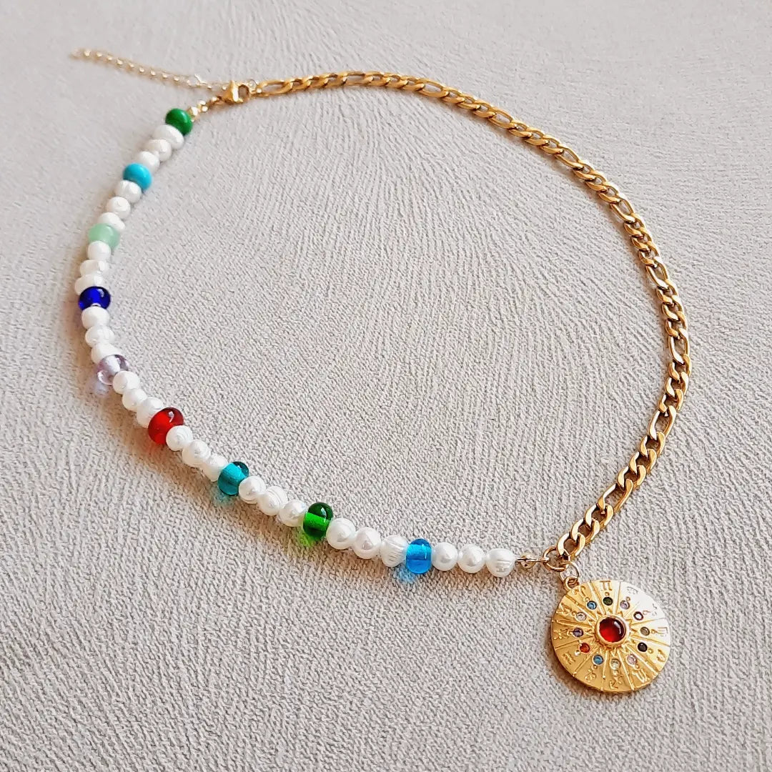 Mix Burç Paslanmaz Çelik İnci Cam Boncuklu Kolye