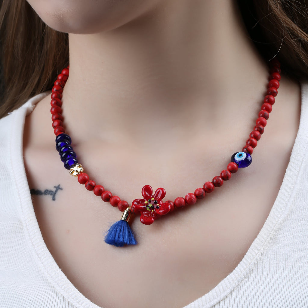 Mercan Murano  Çiçekli Nazarlı  Kolye