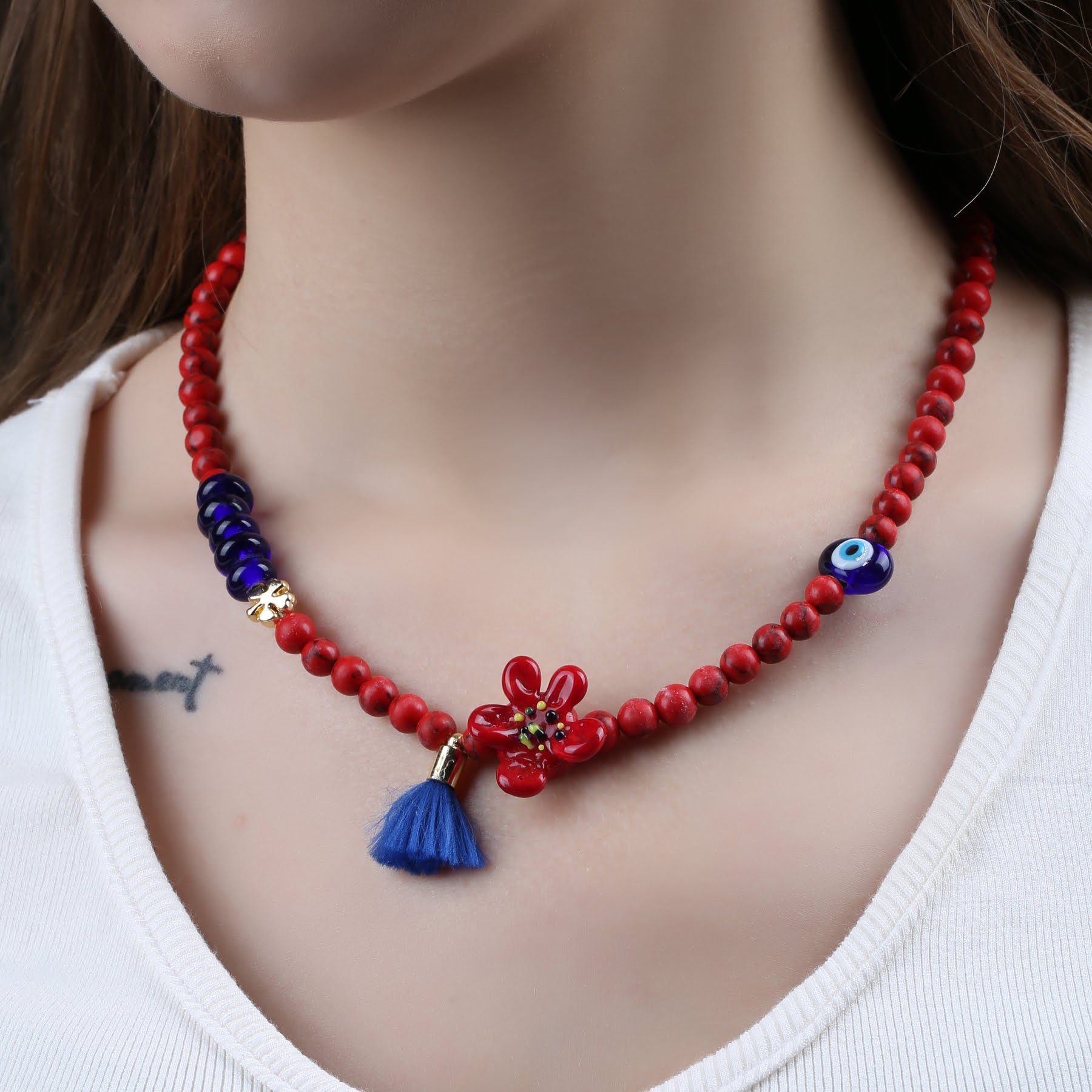 Mercan Murano  Çiçekli Nazarlı  Kolye