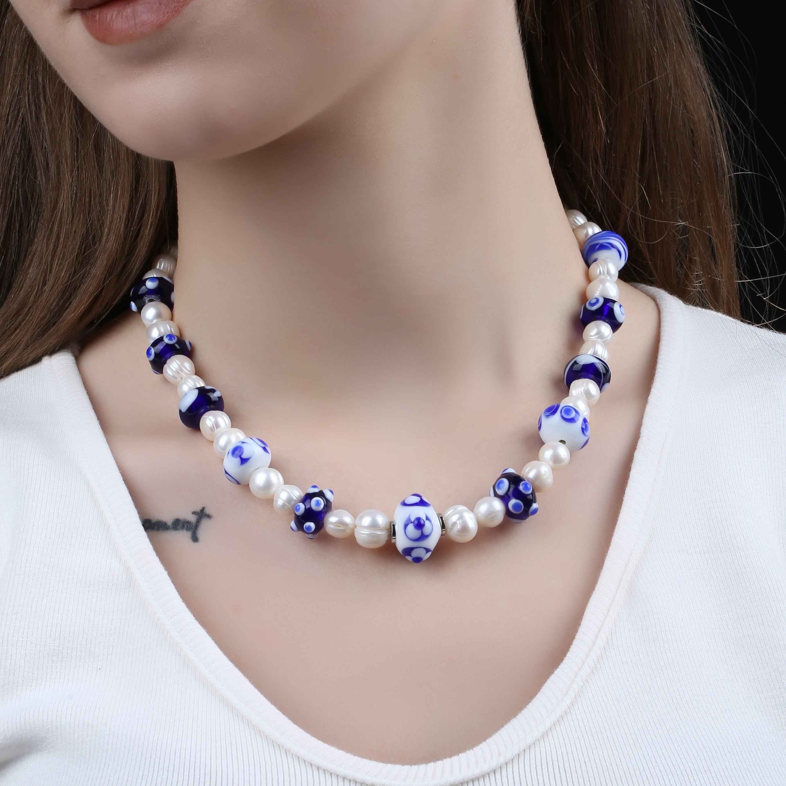 Lacivert Beyaz Murano Cam Sanatı / İnci  Özel Tasarım Kolye