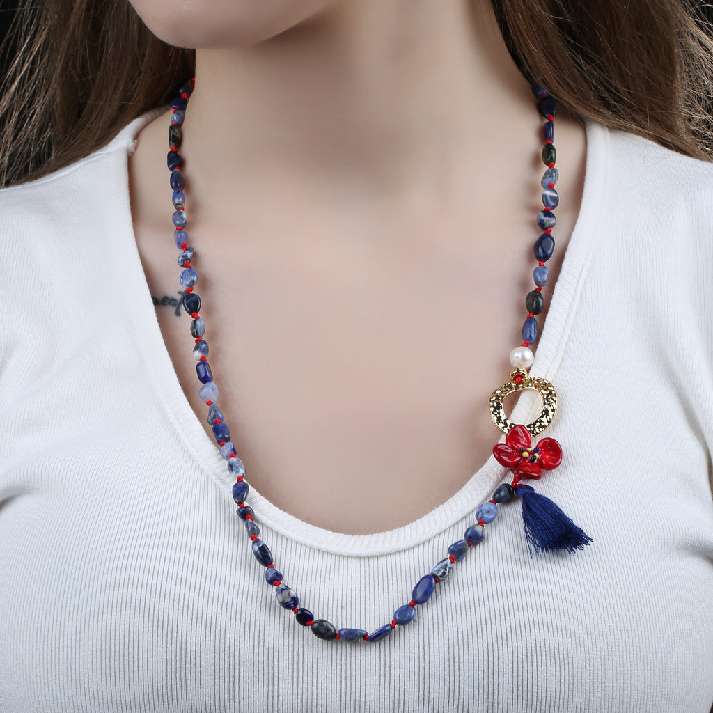 Lapis Doğal Taş Özel Tasarım Murano Çiçekli Kolye