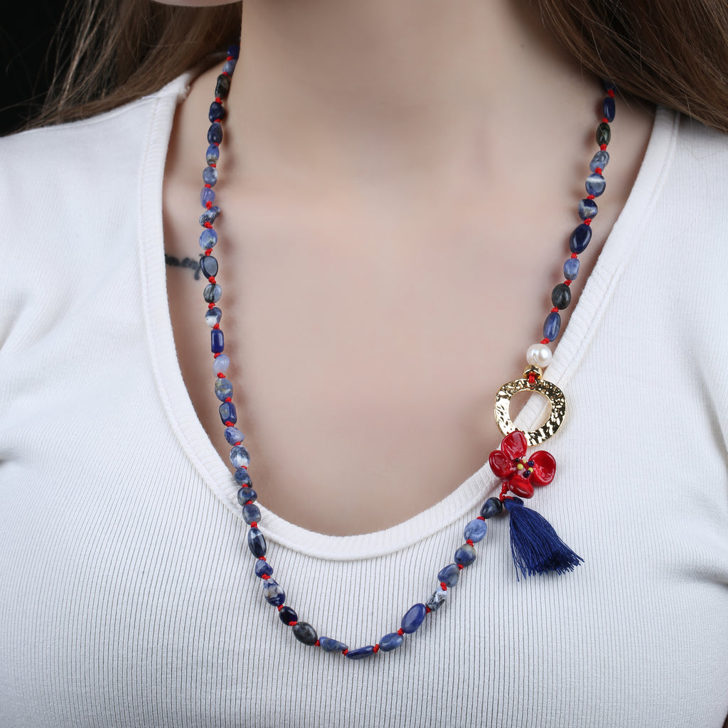 Lapis Doğal Taş Özel Tasarım Murano Çiçekli Kolye