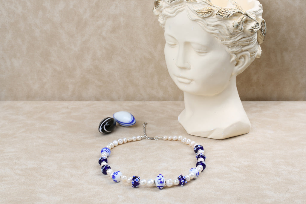 Lacivert Beyaz Murano Cam Sanatı / İnci  Özel Tasarım Kolye