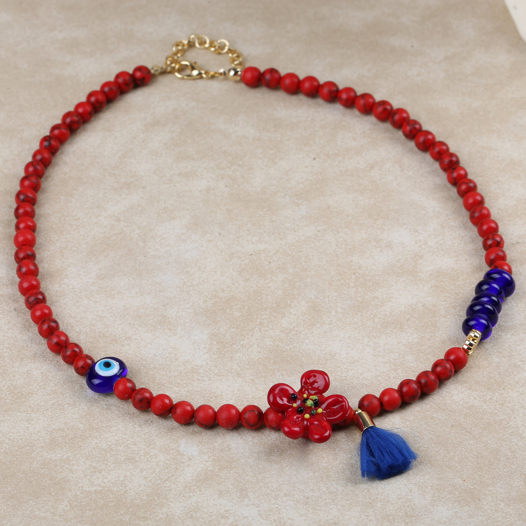 Mercan Murano  Çiçekli Nazarlı  Kolye