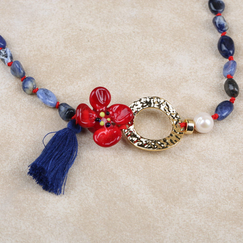 Lapis Doğal Taş Özel Tasarım Murano Çiçekli Kolye