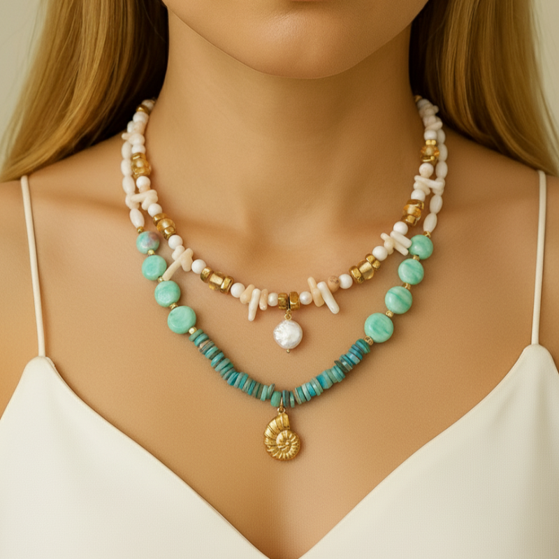 İkili Kombin Sedef İnci Mercan Mavi Beyaz Kolye