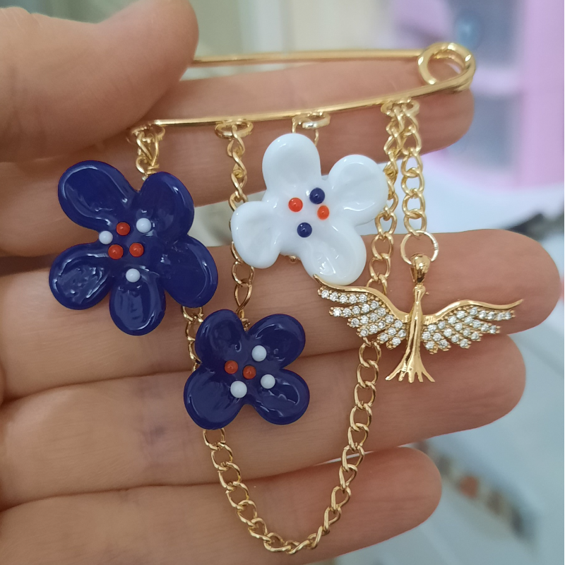 Anka Kuşu Çiçekli Murano Yaka İğnesi Broş