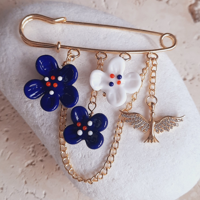 Anka Kuşu Çiçekli Murano Yaka İğnesi Broş