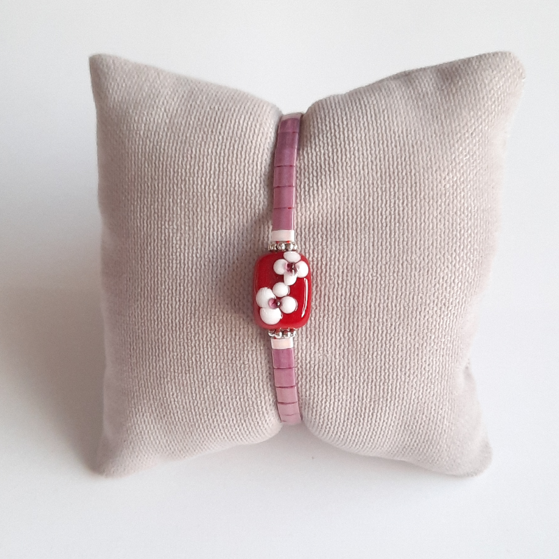 Miyuki Tila Murano Cam Bileklik - Bahar Çiçekleri Bordo - Mor