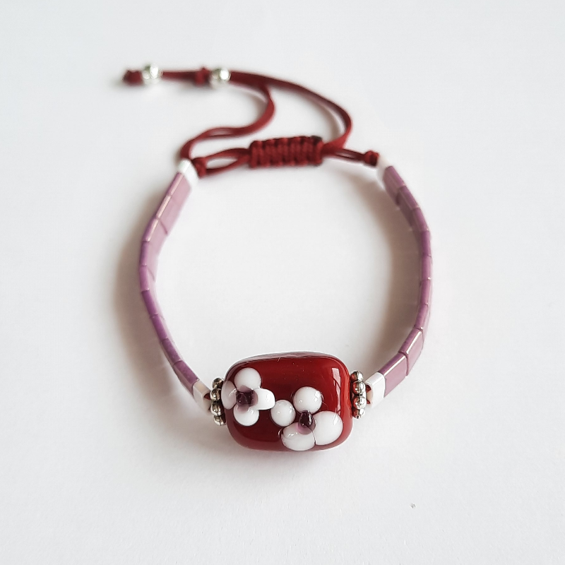 Miyuki Tila Murano Cam Bileklik - Bahar Çiçekleri Bordo - Mor