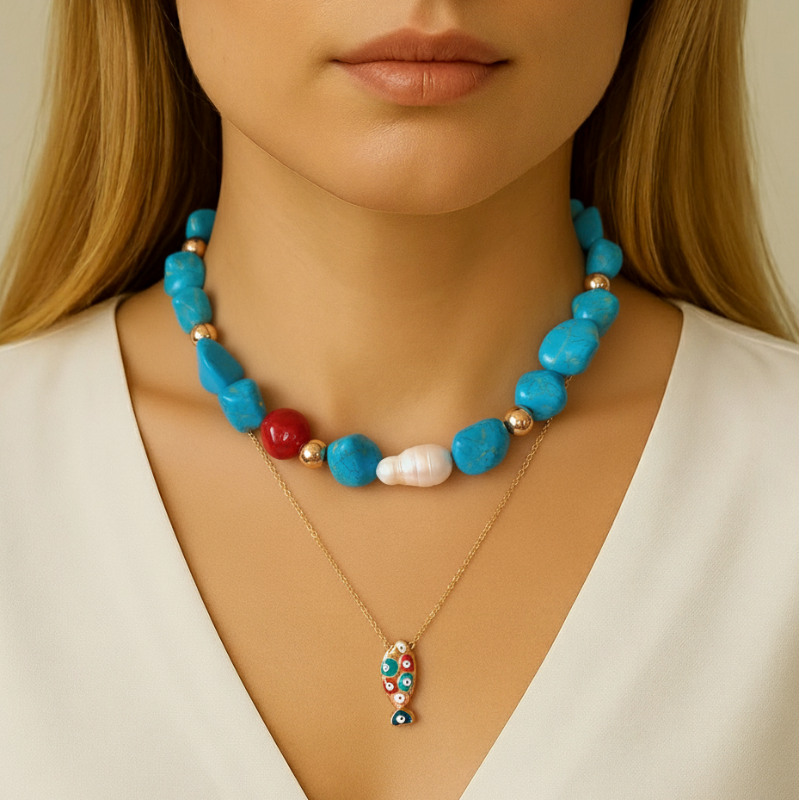 Barok İnci Turkuaz Özel Tasarım Choker Kolye