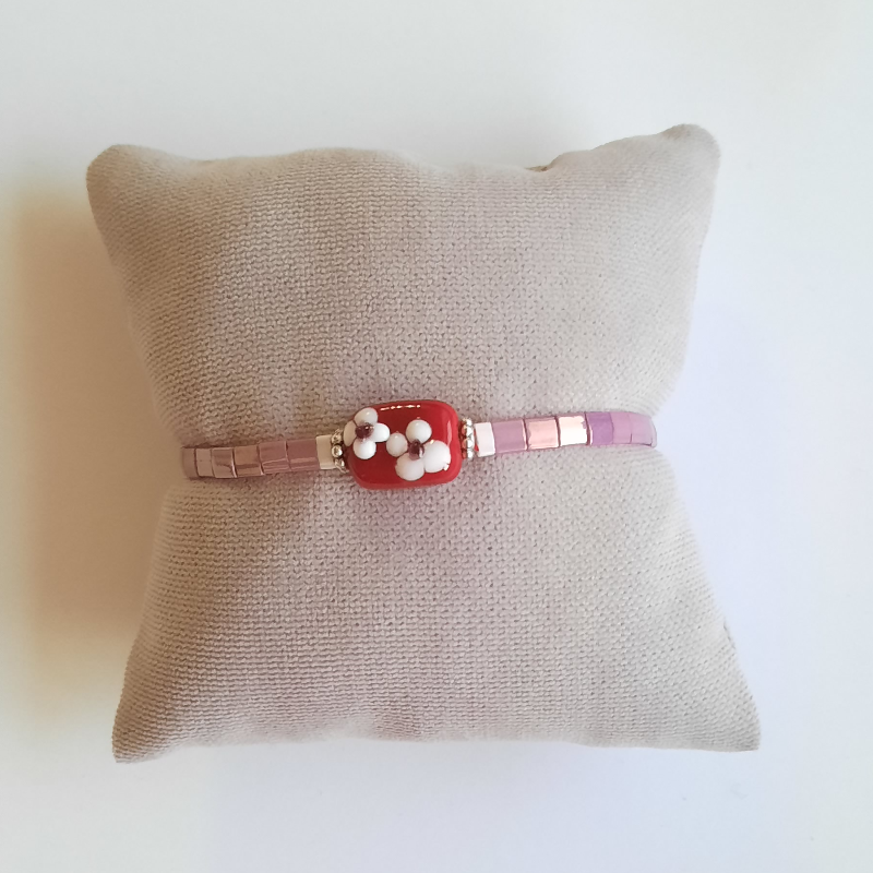 Miyuki Tila Murano Cam Bileklik - Bahar Çiçekleri Bordo - Mor