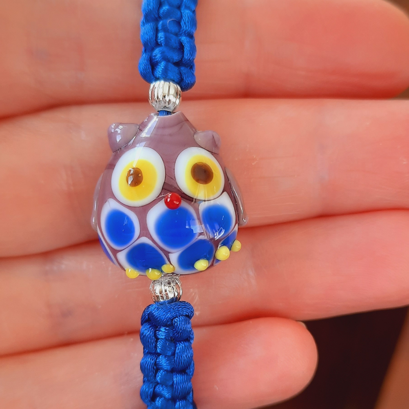 Baykuş Murano Cam Boncuk Makrome Bileklik