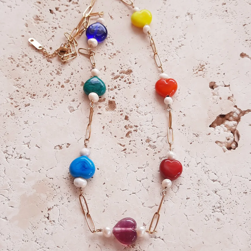 Çakra Kalp Çelik Cam Sanatı İnci Paslanmaz Çelik Kolye