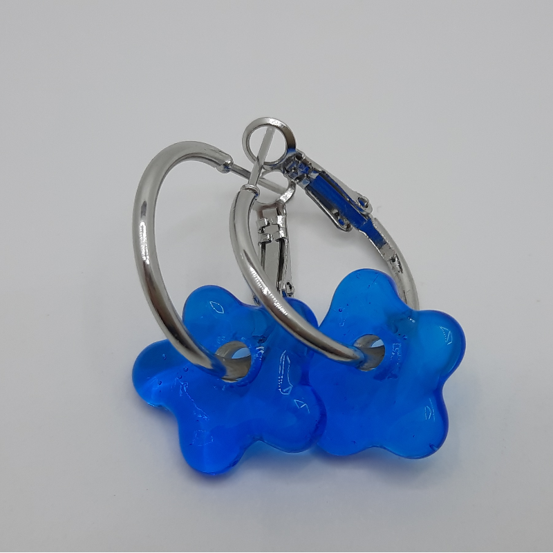 Halka Küpe - Mavi Çiçekli Murano Cam