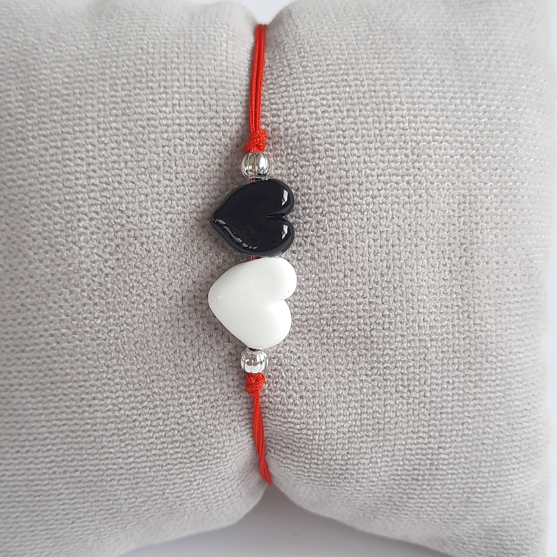 Siyah Beyaz Mini Kalpler Murano Cam Boncuk Dilek Bilekliği