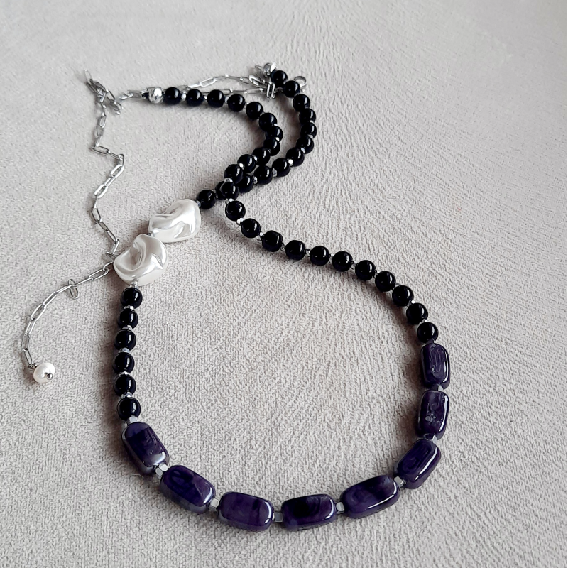 Gri Siyah İnci Doğaltaş Uzun Murano Boncuklu Kolye