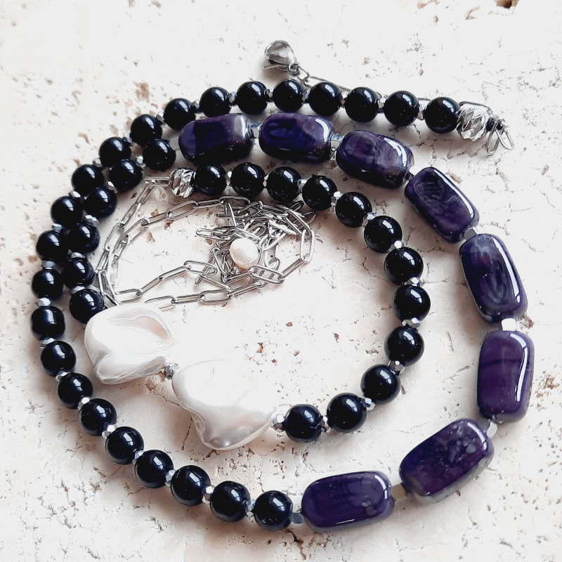 Gri Siyah İnci Doğaltaş Uzun Murano Boncuklu Kolye