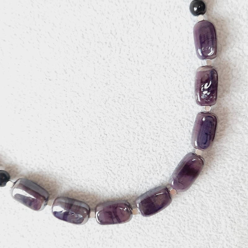 Gri Siyah İnci Doğaltaş Uzun Murano Boncuklu Kolye