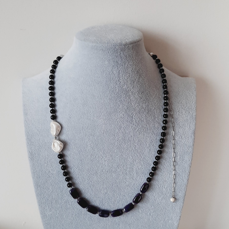 Gri Siyah İnci Doğaltaş Uzun Murano Boncuklu Kolye