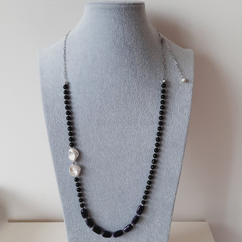 Gri Siyah İnci Doğaltaş Uzun Murano Boncuklu Kolye
