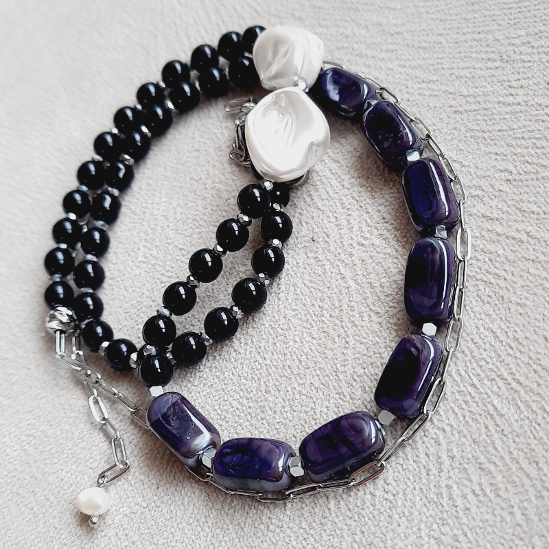 Gri Siyah İnci Doğaltaş Uzun Murano Boncuklu Kolye