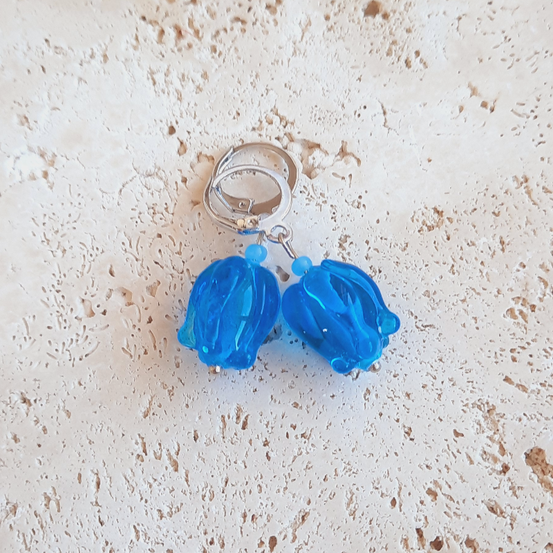 Mavi Lale Murano Cam Boncuk Küpe