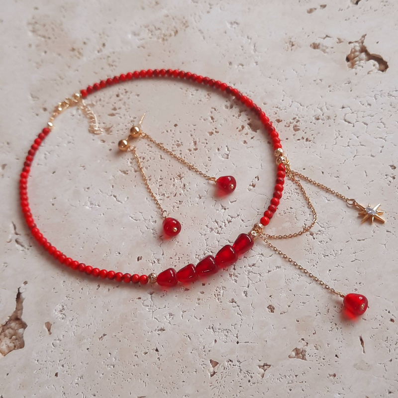 Mercan Murano Nar Özel Tasarım  Gotik Kolye Ve Küpe