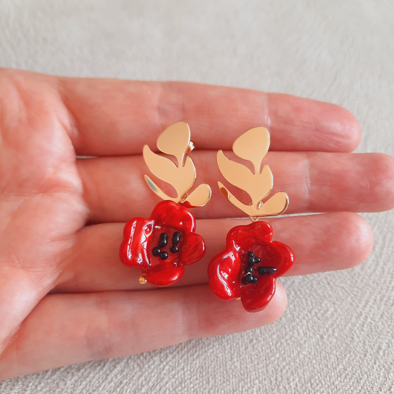 Paslanmaz Çelik Murano Gelincik Yaprak Küpe