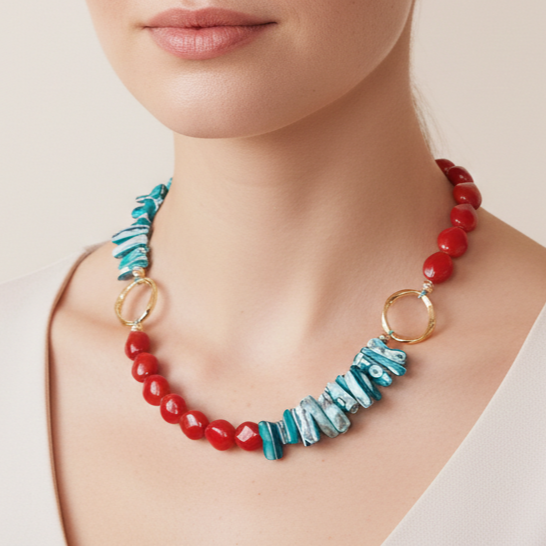 Şeker Boncuk Kırmızı Turkuaz Özel Tasarım Kolye