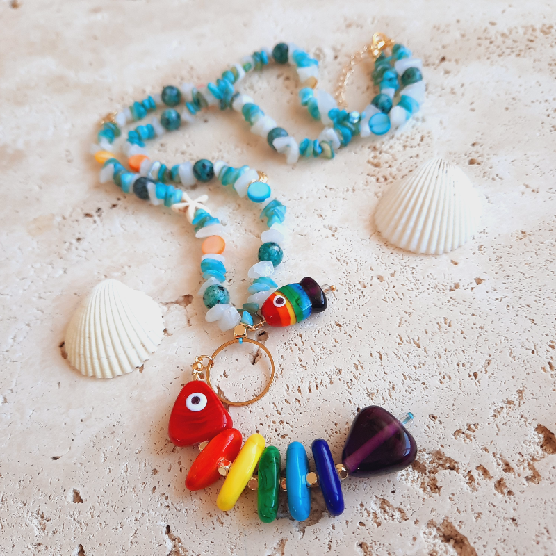 Gökkuşağı Büyük Kılçık Balık Uzun Kolye