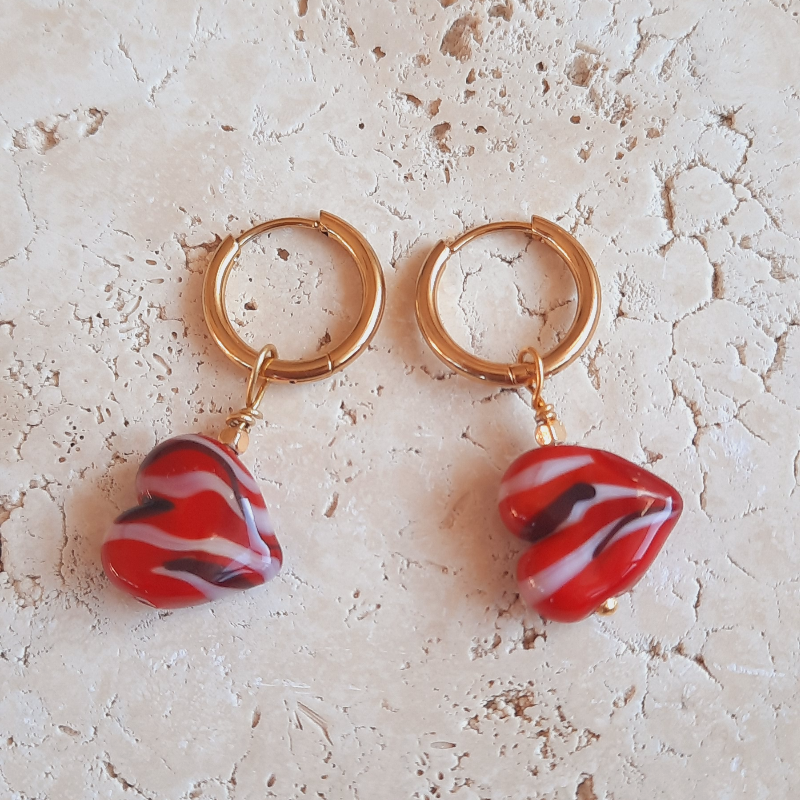 Murano Cam Desenli Kalp Paslanmaz Çelik Küpe