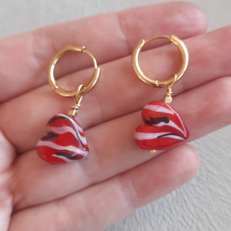 Murano Cam Desenli Kalp Paslanmaz Çelik Küpe