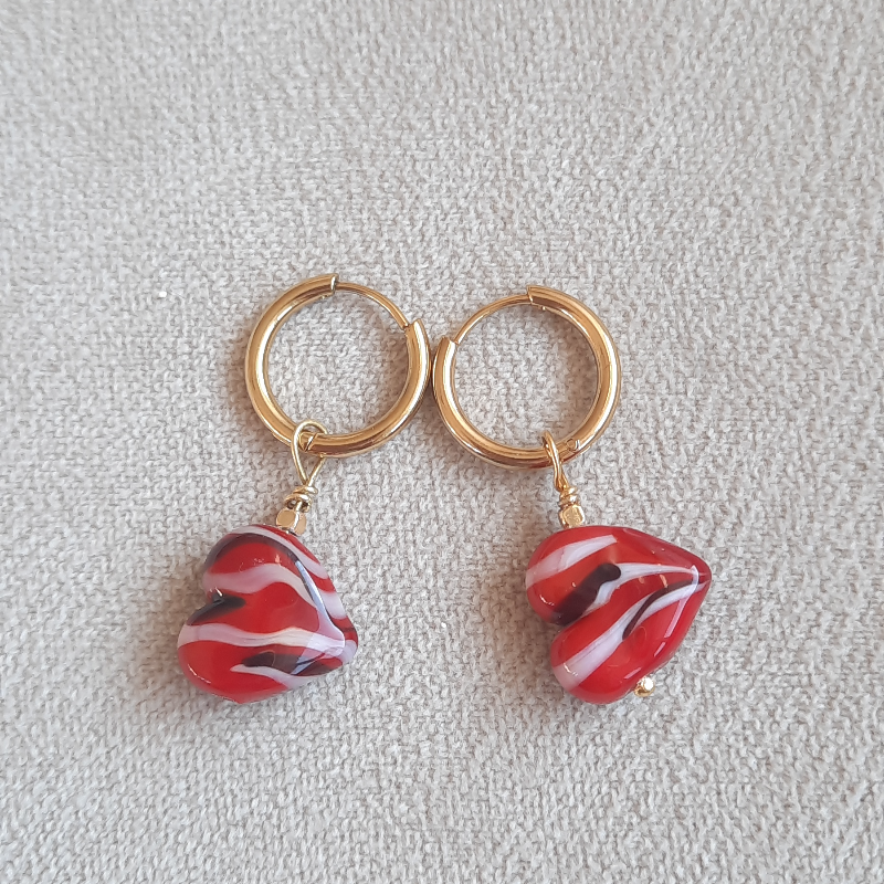 Murano Cam Desenli Kalp Paslanmaz Çelik Küpe