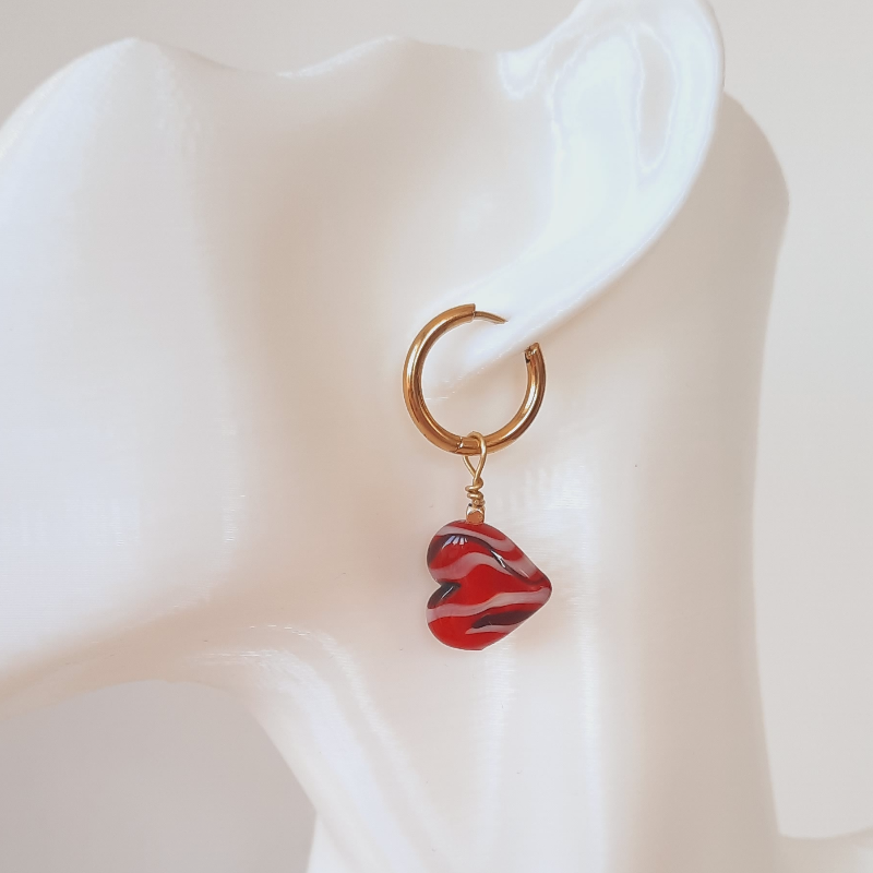 Murano Cam Desenli Kalp Paslanmaz Çelik Küpe