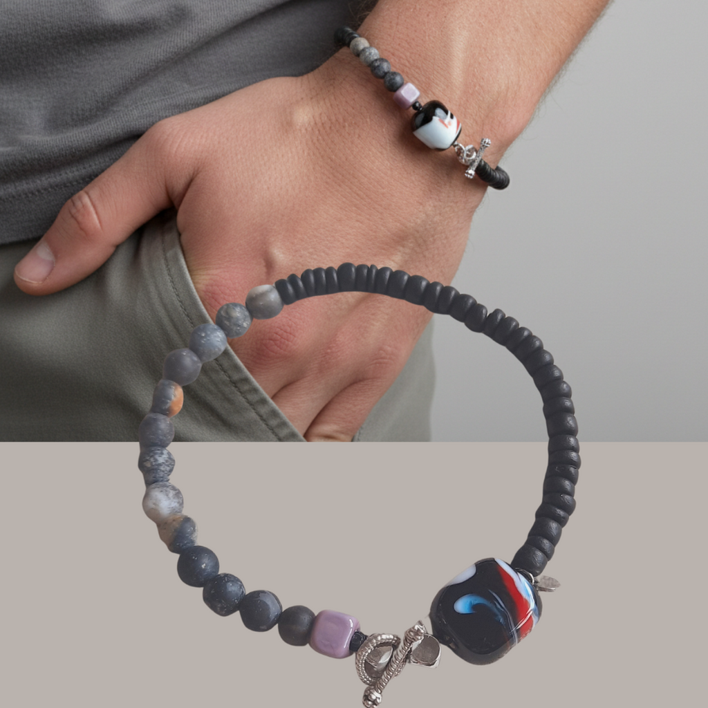 Disk - Mat Doğal Taş Murano Boncuklu Siyah Unisex Bileklik